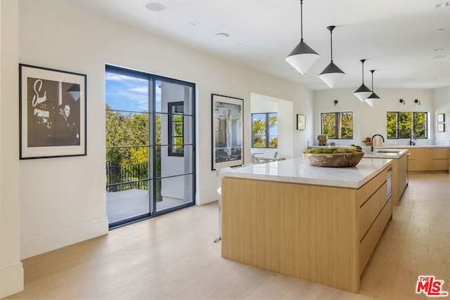 kitchen featuring plenty of natural light, a spacious island, sink, and light hardwood / wood-style flooring