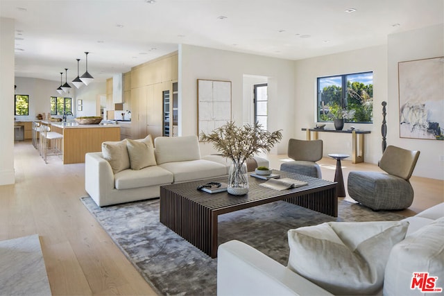 living room with sink, a wealth of natural light, and light hardwood / wood-style flooring