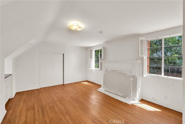 additional living space featuring vaulted ceiling, a fireplace, and light hardwood / wood-style flooring