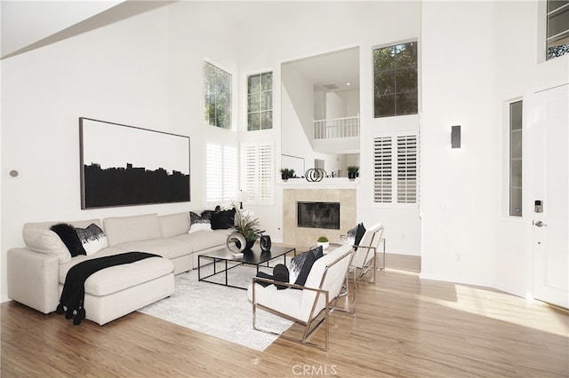 living room featuring a high ceiling, wood-type flooring, and a fireplace