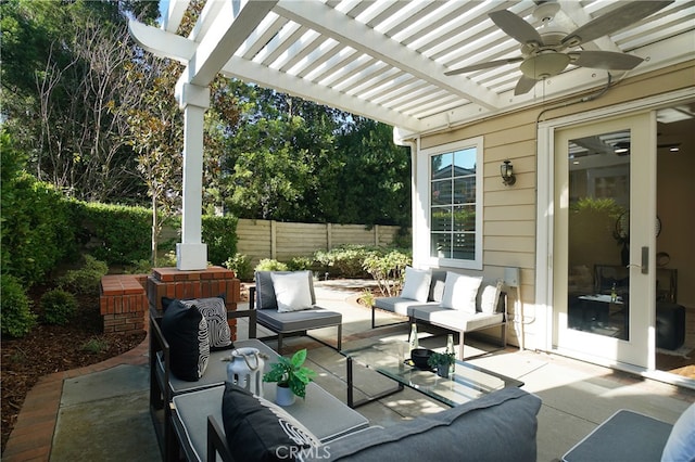 view of patio with a pergola, ceiling fan, and an outdoor hangout area