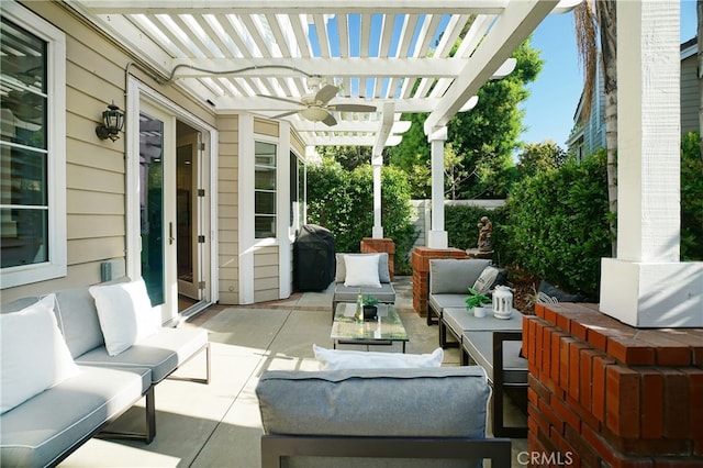 view of patio / terrace with outdoor lounge area, a grill, and a pergola