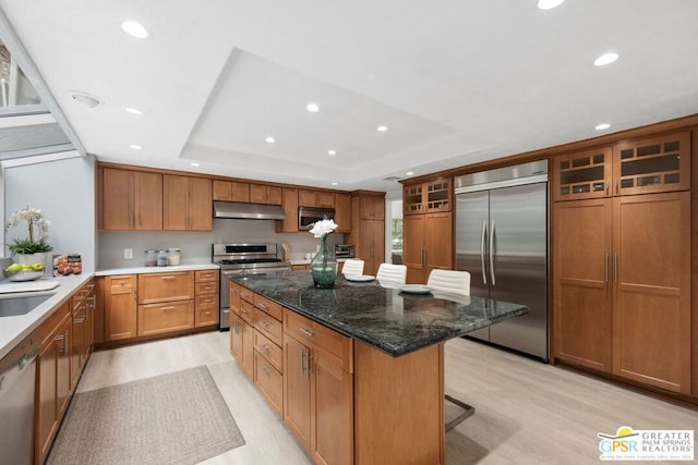 kitchen with dark stone counters, a tray ceiling, a center island, a breakfast bar area, and appliances with stainless steel finishes