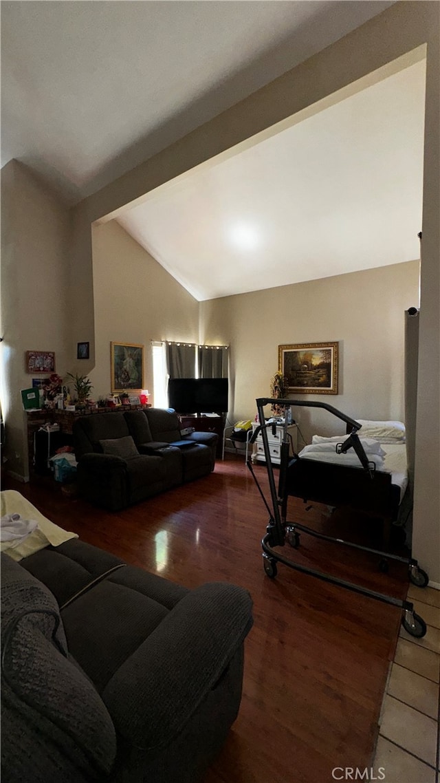 living room featuring hardwood / wood-style flooring and lofted ceiling