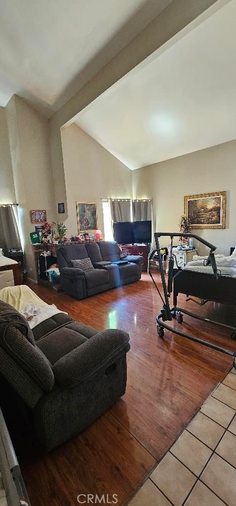 living room featuring wood-type flooring and vaulted ceiling