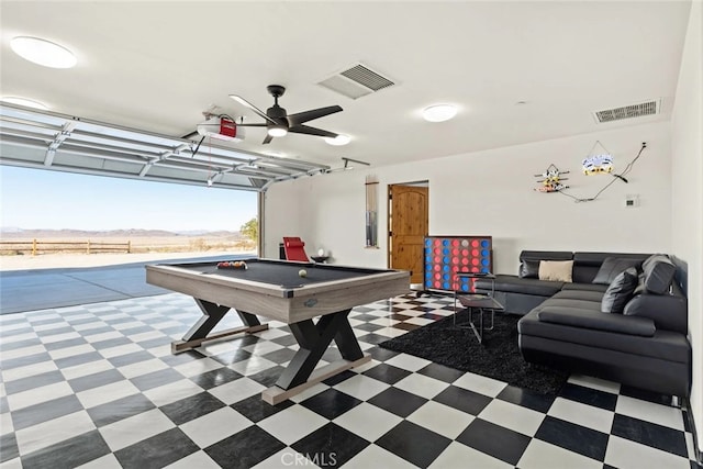 recreation room featuring ceiling fan and billiards