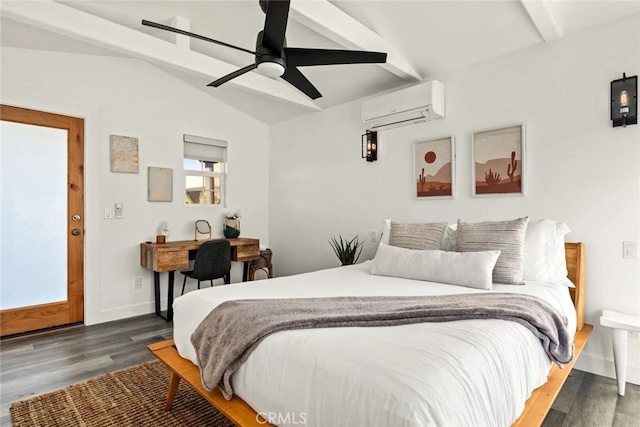 bedroom with dark wood-type flooring, vaulted ceiling with beams, a wall mounted air conditioner, and ceiling fan