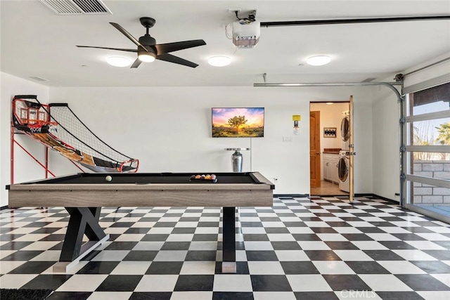 game room with ceiling fan, pool table, and washer / clothes dryer