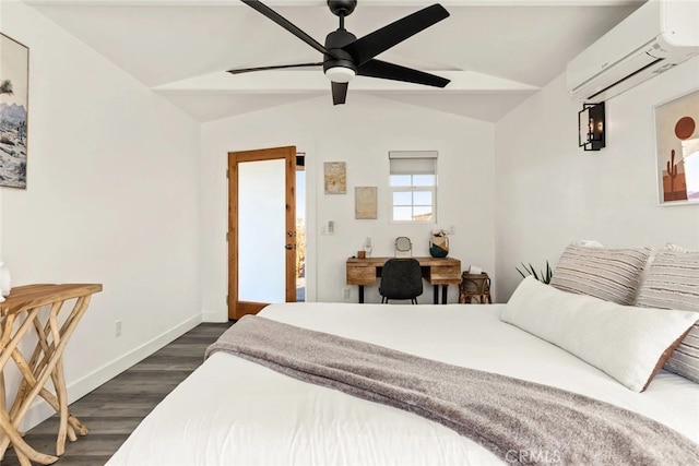 bedroom with dark hardwood / wood-style flooring, lofted ceiling, a wall mounted air conditioner, and ceiling fan