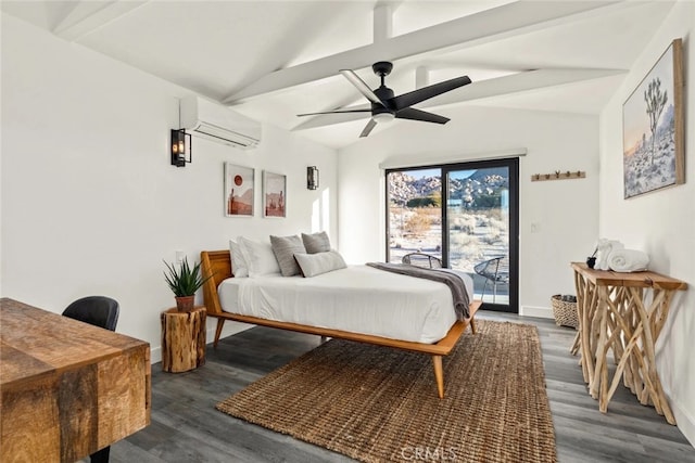 bedroom with a wall unit AC, ceiling fan, access to exterior, dark hardwood / wood-style floors, and lofted ceiling with beams