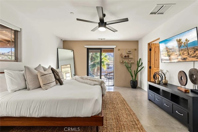 bedroom featuring access to exterior and ceiling fan