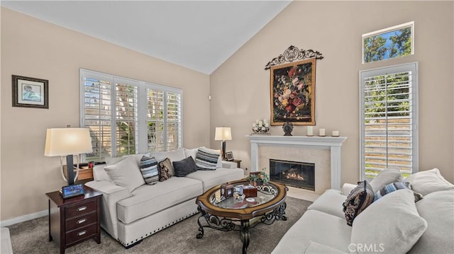 2221 Ventia, Tustin, CA 92782 - living area with baseboards, a premium fireplace, carpet floors, and high vaulted ceiling