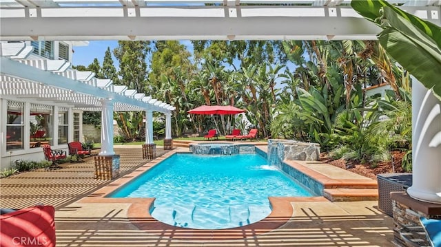 view of pool featuring a pergola, an in ground hot tub, pool water feature, and a patio