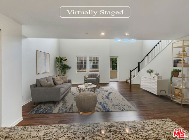 living room featuring dark wood-type flooring