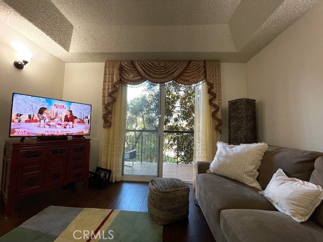 living room featuring a textured ceiling, a tray ceiling, and dark wood-type flooring