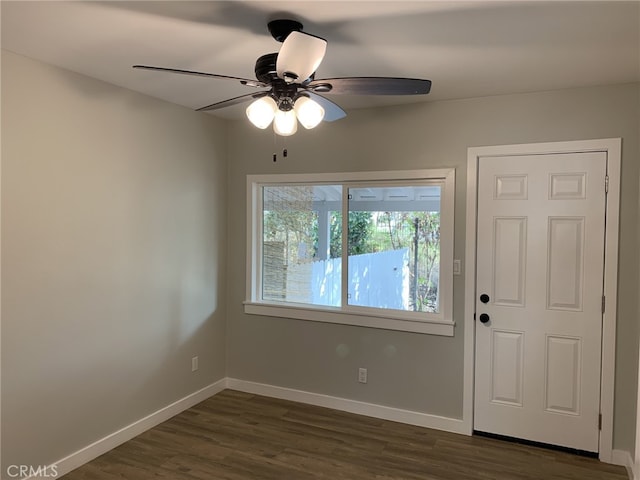 foyer entrance featuring ceiling fan and dark wood-type flooring