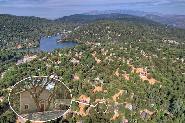 birds eye view of property with a water and mountain view