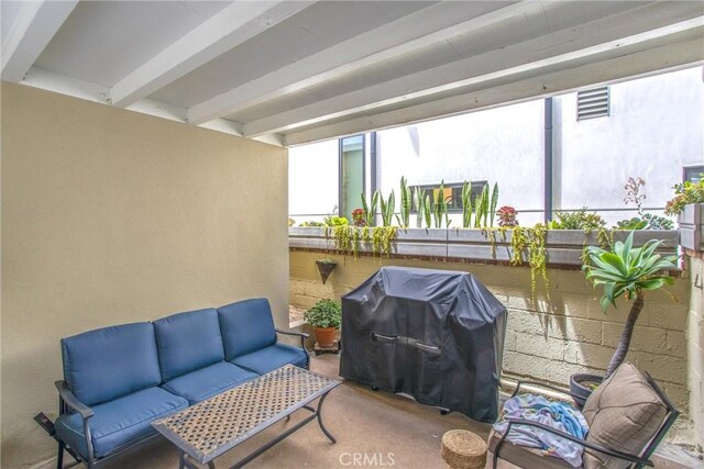 view of patio / terrace with a balcony, an outdoor hangout area, and grilling area