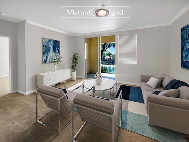 living room with carpet and crown molding