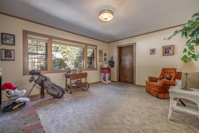 sitting room featuring light carpet and ornamental molding