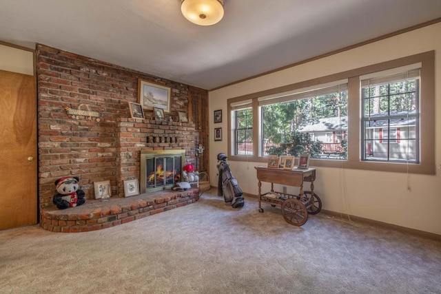 misc room featuring carpet flooring, a healthy amount of sunlight, and a fireplace