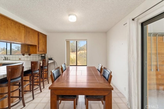 dining space with sink and a textured ceiling