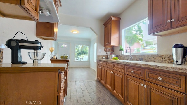 kitchen featuring brown cabinets, a sink, wood finished floors, arched walkways, and baseboards