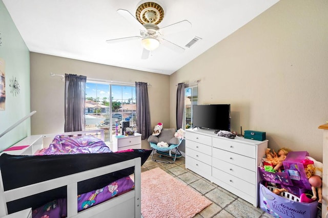 bedroom featuring vaulted ceiling and ceiling fan