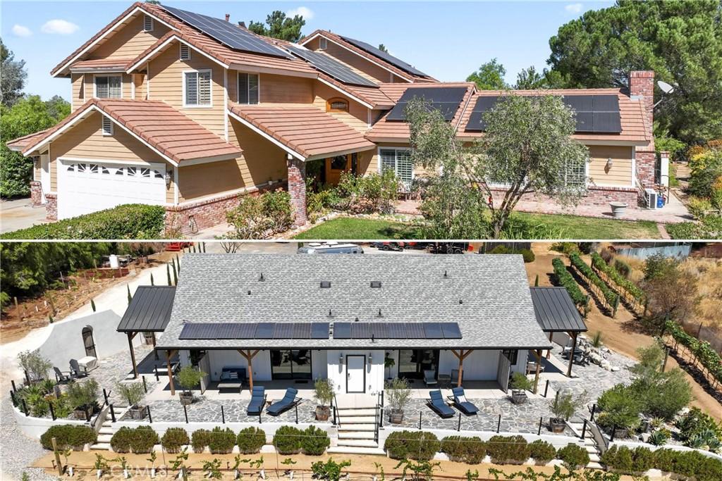 view of front of property with fence private yard, a patio area, solar panels, and a tiled roof