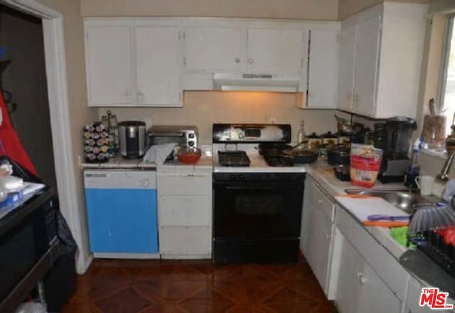 kitchen with white cabinetry, dark parquet flooring, white dishwasher, exhaust hood, and black range with electric cooktop