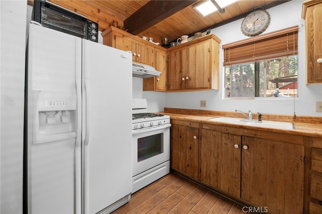 kitchen with white appliances, sink, beam ceiling, wooden ceiling, and dark hardwood / wood-style floors