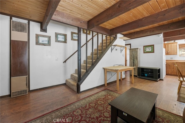 interior space featuring wood-type flooring, white fridge, and wooden ceiling