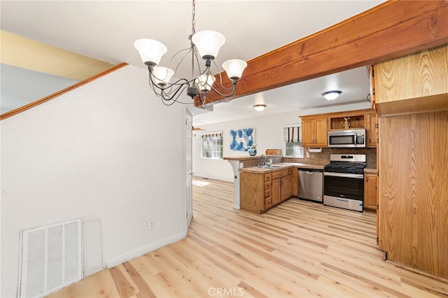 kitchen featuring kitchen peninsula, decorative light fixtures, backsplash, stainless steel appliances, and light wood-type flooring