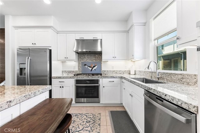 kitchen featuring white cabinetry, sink, exhaust hood, and appliances with stainless steel finishes