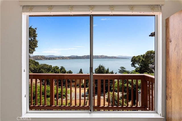 interior space with a water view