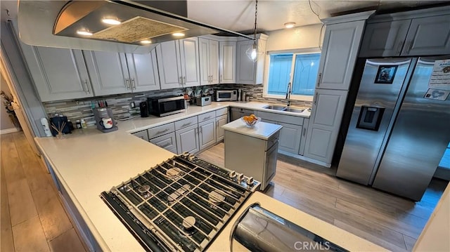 kitchen featuring gray cabinetry, light wood-type flooring, stainless steel appliances, and a sink