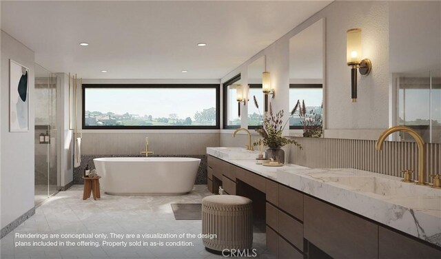 1 Gallery Pl, Newport Coast, CA 92657 - full bath with double vanity, a sink, a shower stall, and a freestanding bath