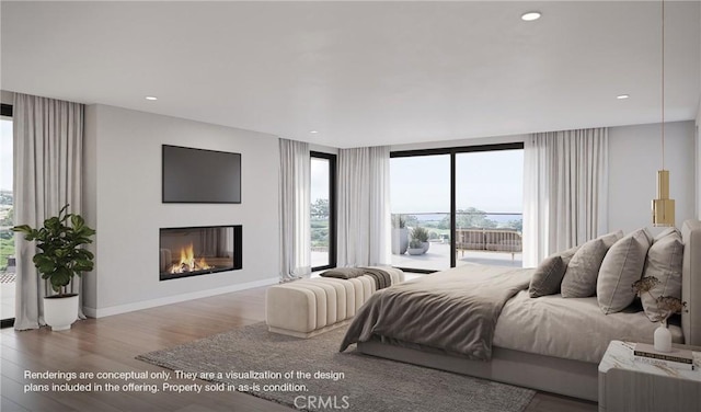 1 Gallery Pl, Newport Coast, CA 92657 - bedroom with wood finished floors, a glass covered fireplace, a wall of windows, baseboards, and recessed lighting