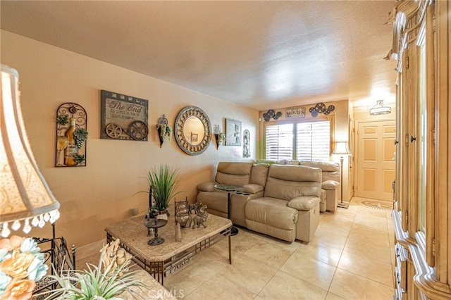 living room with a textured ceiling