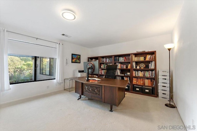 home office with light colored carpet