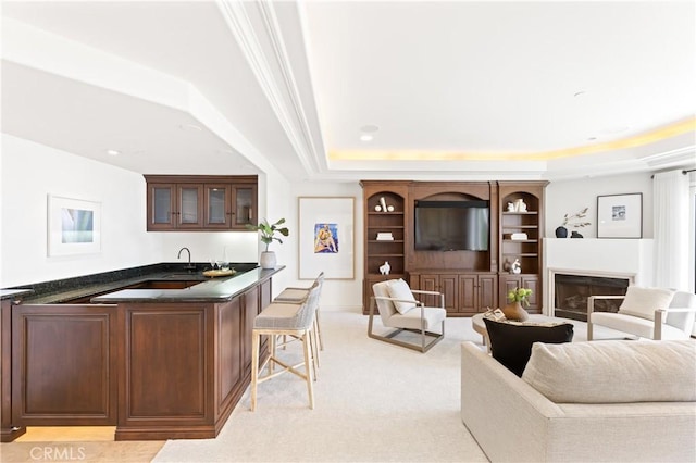 living room with a tray ceiling, light carpet, and indoor wet bar