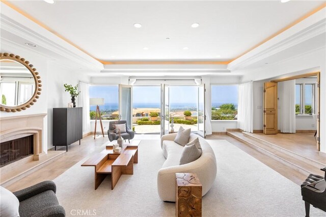 living room with a high end fireplace, light wood-type flooring, a raised ceiling, and ornamental molding