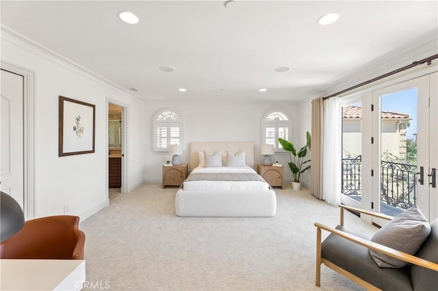 carpeted bedroom with access to outside, multiple windows, and crown molding