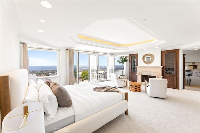 carpeted bedroom featuring access to exterior, crown molding, and a tray ceiling