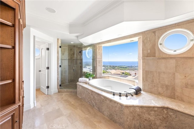 bathroom with independent shower and bath and ornamental molding