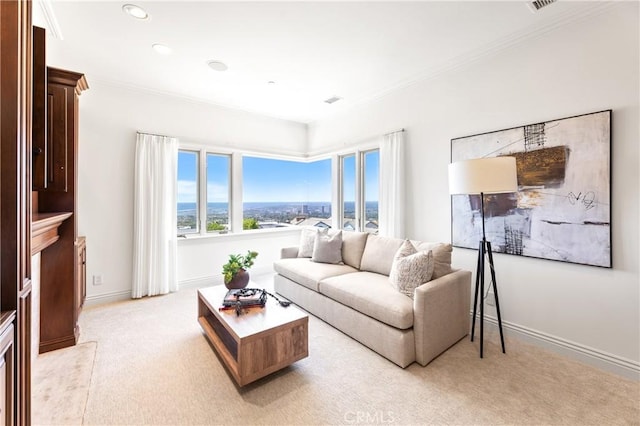 carpeted living room with crown molding