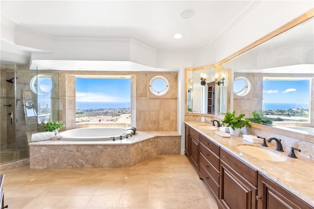 bathroom featuring plus walk in shower, crown molding, and a healthy amount of sunlight