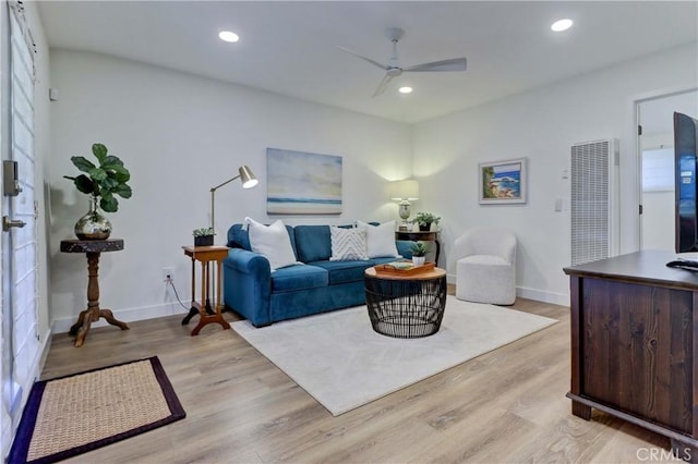 387 Cypress Dr Unit 7, Laguna Beach, CA 92651 - living area with a heating unit, a ceiling fan, light wood-style floors, baseboards, and recessed lighting