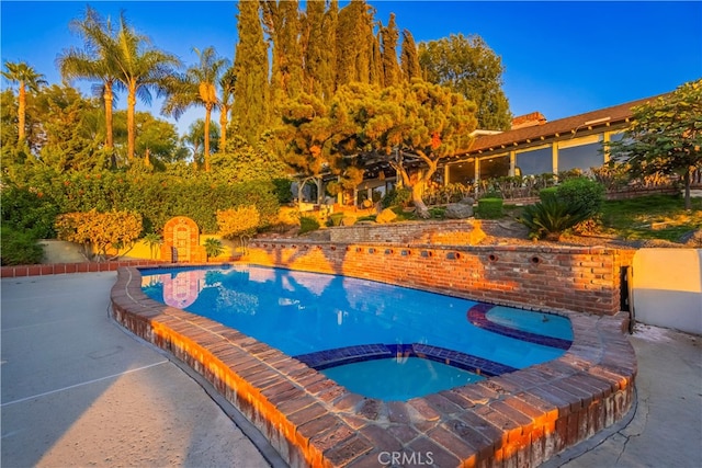 view of swimming pool featuring an in ground hot tub and a patio area