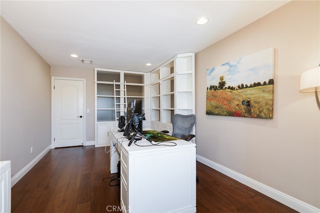 home office featuring dark wood-type flooring